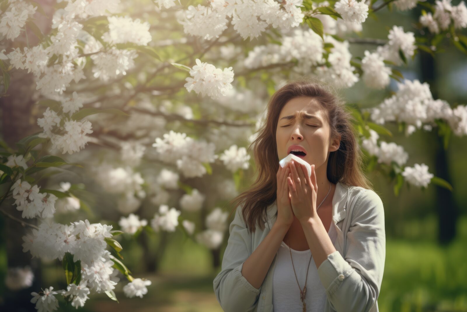 woman with hayfever sneezing in front of flowers