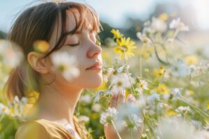 Woman sniffing flowers